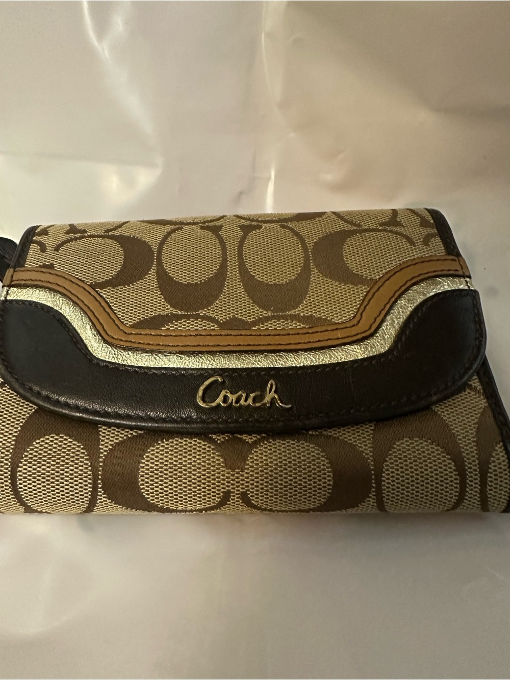 Coach Ashley signature C canvas trifold envelope wallet in khaki brown